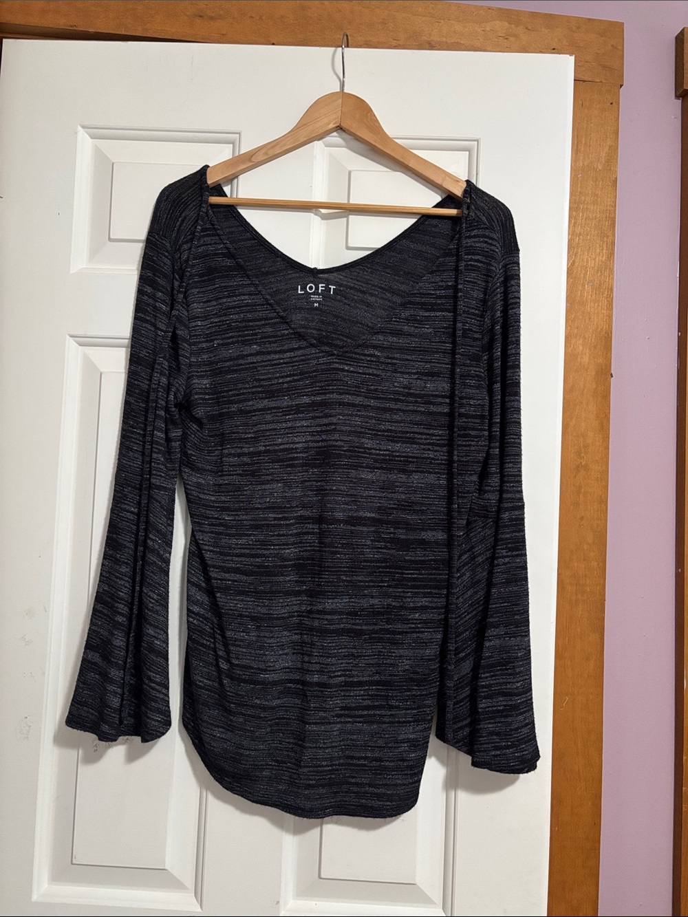 LOFT Black & Charcoal Striped V-Neck Long Sleeve Top